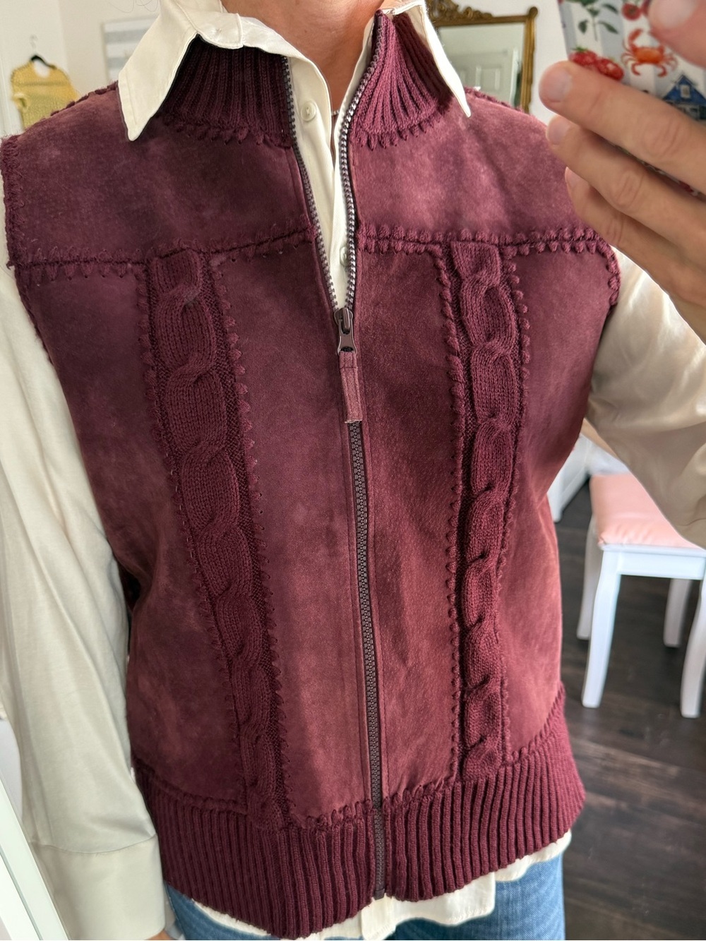 Designers Originals Suede Leather Cable Knit Sweater Vest Zip Burgundy Sz S